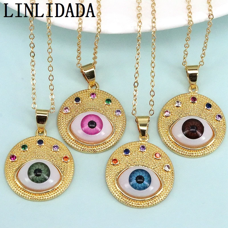 

6Pcs Creative Lucky Gold Plated Resin Eye Pendant Handmade Eye Round Charms Necklace Turkish Trendy Jewelry