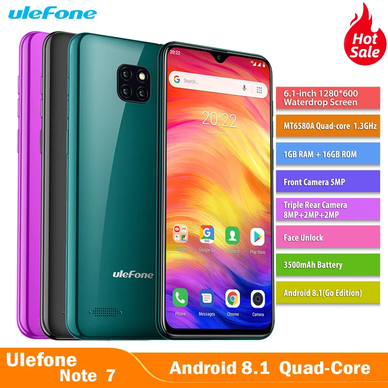 Смартфон Ulefone Note 7 на Android 8 1 четыре ядра экран 6 дюйма 16 ГБ + 3500 мАч|Смартфоны| |