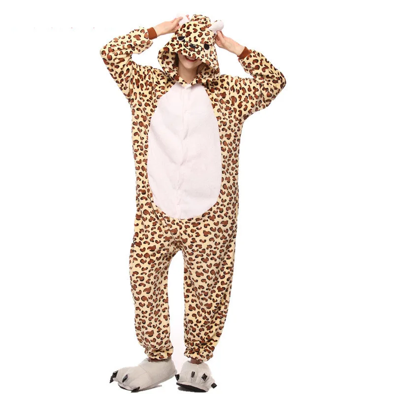 Winter Flannel Kigurumi Women Men Onesies Cute Cartoon Animal Leopard Bear Pajamas Set Unisex Pyjama Pijama Sleepwear