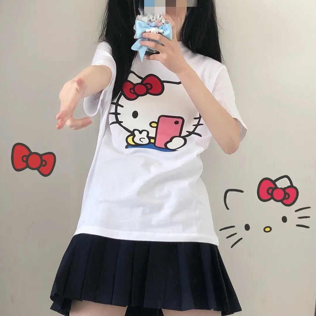 

Y2K Harajuku Cartoon Print Anime T-Shirt Girl Summer Japanese Cute Cat Short-Sleeved Pattern Oversized Casual Loose T-Shirt Top