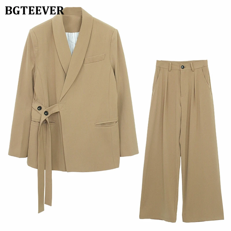 

BGTEEVER Vintage Women 2 Pieces Blazer Set Slim Waist Lace-up Suit Jackets & Wide Leg Pants Spring Office Wear Female Pant Suits