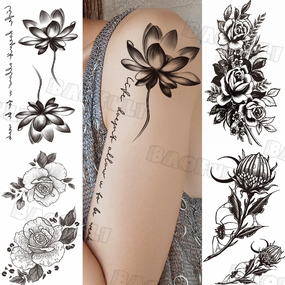 

3D Lotus Letters Temporary Tattoos For Women Adult Peony Henna Realistic Body Art Tattoos Custom Armband Sexy Waterproof Tatoo