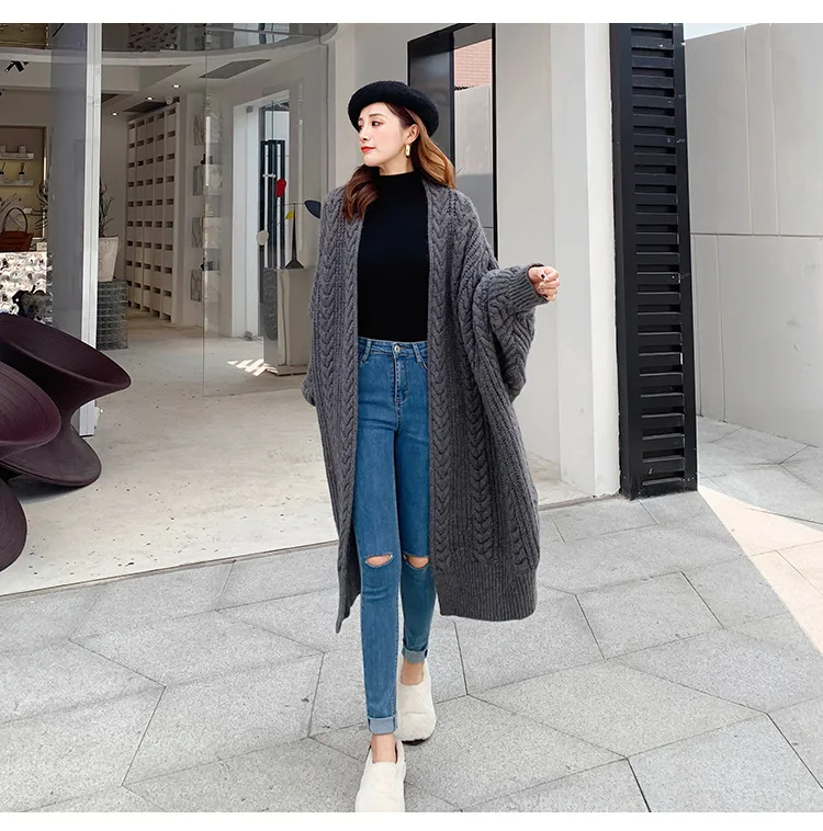 

Twist Knitted Long Oversize Sweater Cardigan Female Vintage Loose Autumn Winter Coat Batwing Sleeve Outwear Women Jersey