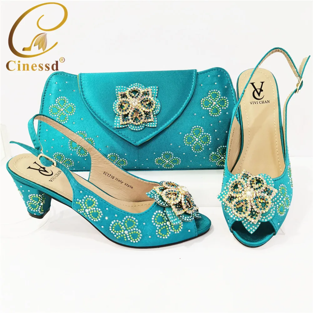 

Новое поступление цвет морской волны, синий, Цвет сверкающих ПУ материал; Женский комплект из туфель и сумки 2021 туфли той же расцветки сумоч...