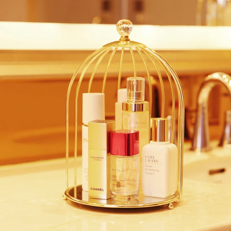 

Железная настольная витрина для косметики в скандинавском стиле, прозрачный органайзер для макияжа, стеклянный поднос в форме птичьей клет...