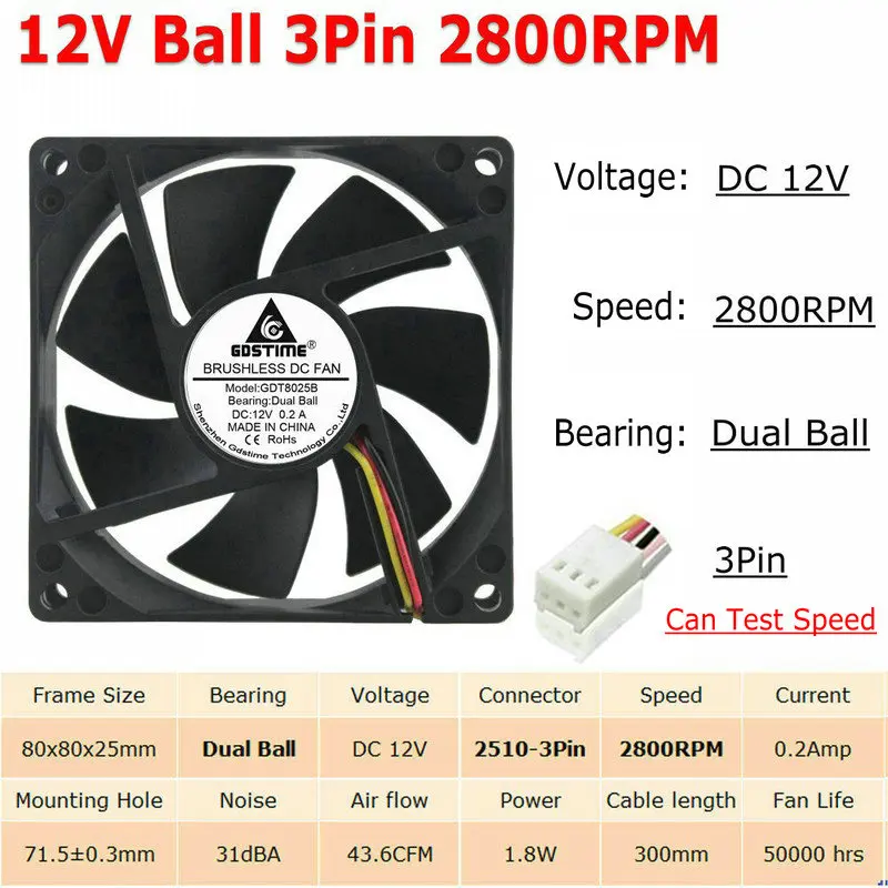 12V Ball 3P 2800RPM 2 шт./Партия шар 8 см 80 мм x 25 мм 8025 5 в 12 В 24 в 48 в DC бесщеточный чехол для компьютера PC cpu вентилятор охлаждения кулер 2 Pin 3Pin радиатор - Цвет лезвия: 12V Ball 3P 2800RPM