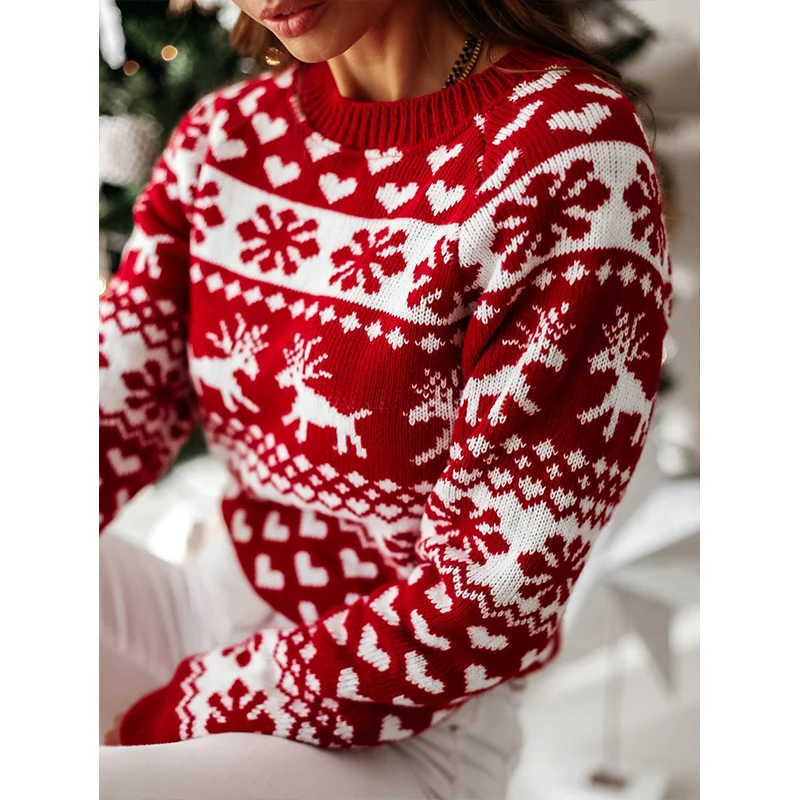 

Women Sweaters Round neck Autumn Winter Christmas elk Print Pullover Merry Christmas Primer shirt Long sleeve Loose Knit Sweater