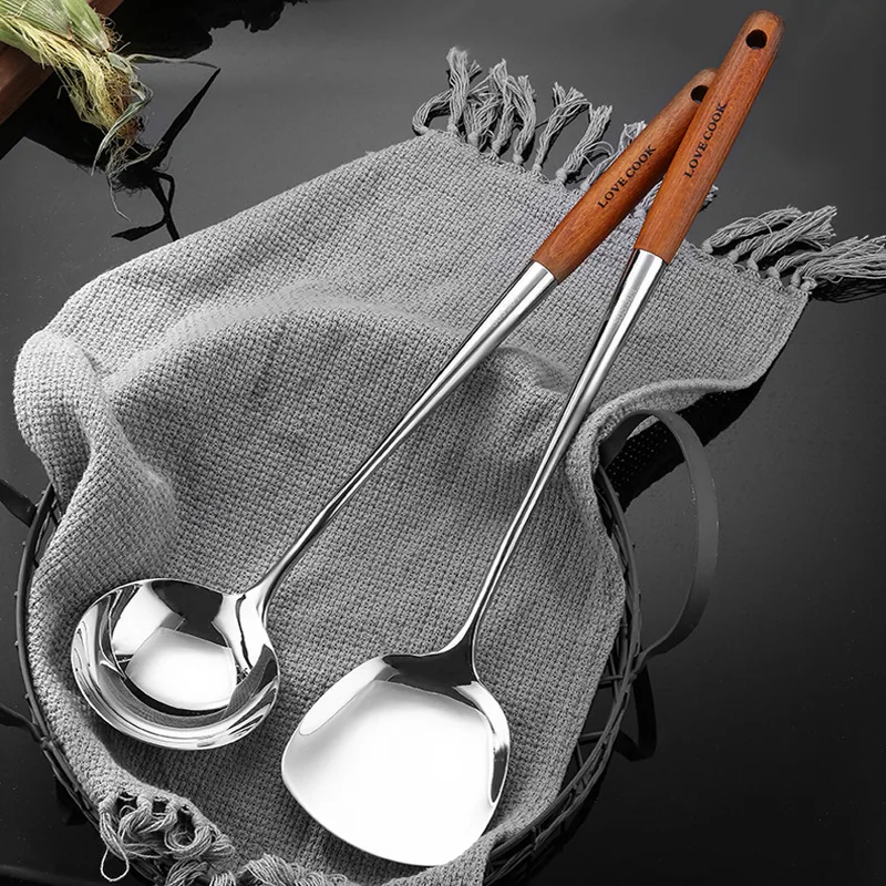 

Cooking Utensils For Kitchen Accessories 304 Stainless Steel Kitchenware With Long Handle Wooden Tableware Kitchen Gadget Sets