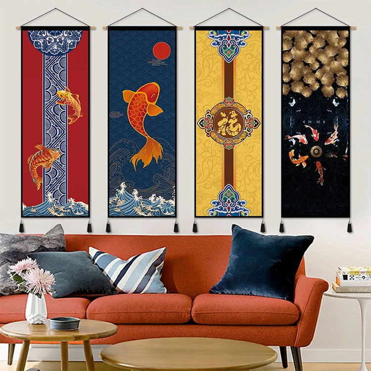 

Chinese Style Wall Art Canvas Painting Goldfish Poster Printed Wall Pictures Living Room Home Decor Wood Hanging Scroll Painting