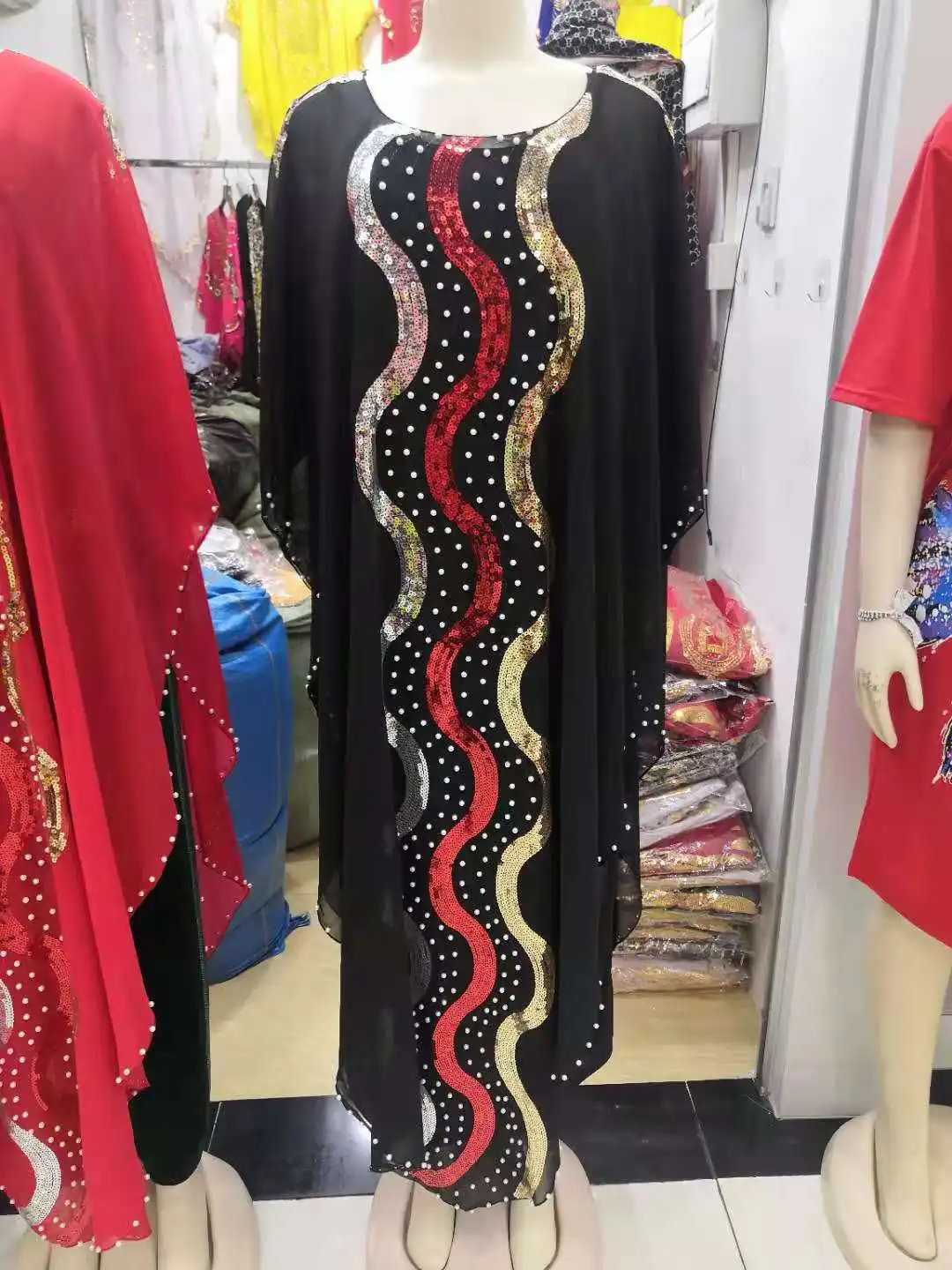 Women's Fashion Classic Design African Clothes Dashiki Abaya Chiffon Fabrics Sequin Batwing Loose Versatile Dress Free Size