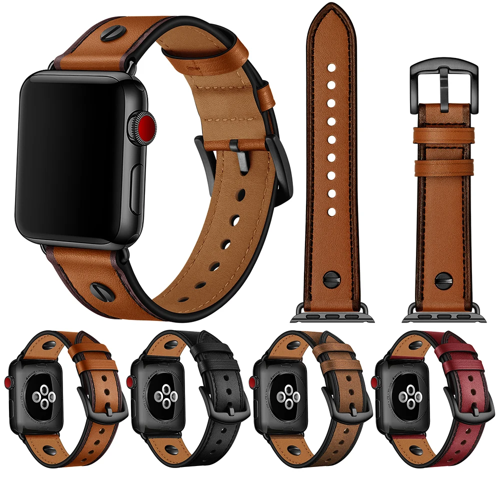 

2020 New Rivet Style Bracelet For Apple Watch 40mm 44mm Series 1 2 3 4 5 Real Leather Watchband For Apple iWatch 38mm 42mm Strap