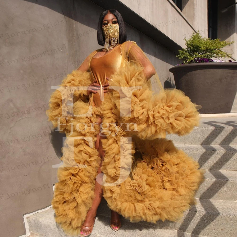 

Золотое длинное пышвечерние вечернее платье, модное Тюлевое платье с длинным рукавом и открытой передней частью, вечерние для африканских ...