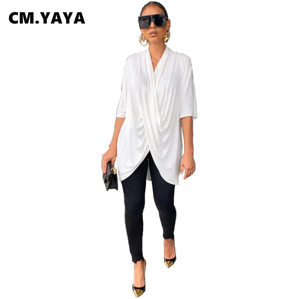 

Женская футболка с полурукавами CM.YAYA, однотонная свободная длинная футболка с V-образным вырезом, Повседневная модная уличная одежда, летня...