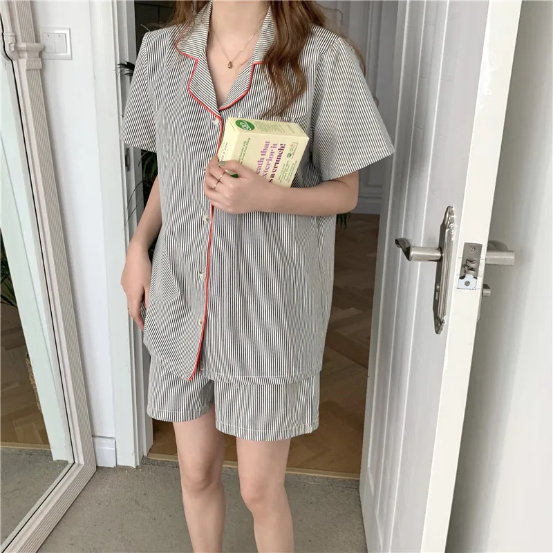 

CBAFU men women couple pajamas set summer home clothes 2 piece set short sleeve tops elastic waist shorts striped sleepwear M902