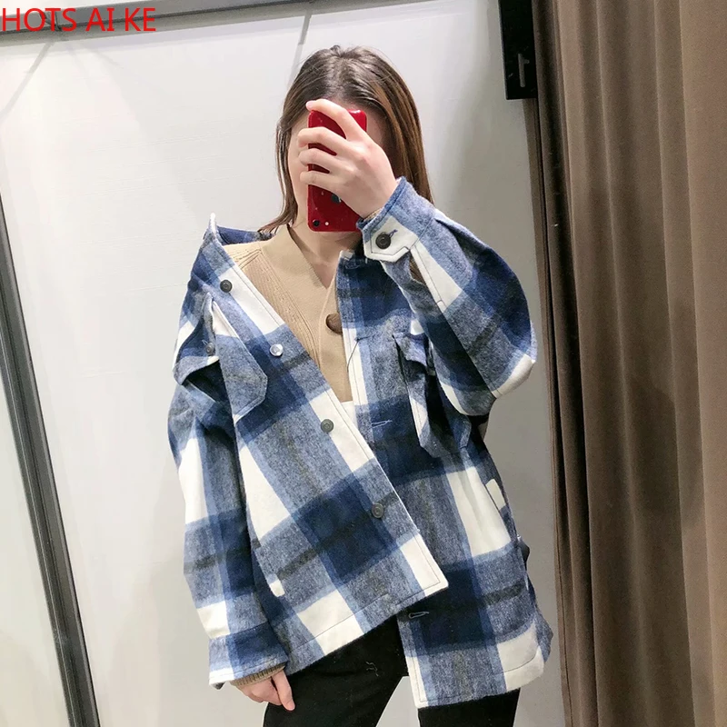 

Plaid Overshirt Wool Blend Jacket Check Lapel Collar Long Sleeve Coat Women Oversized Pockets with Flaps Button Tops