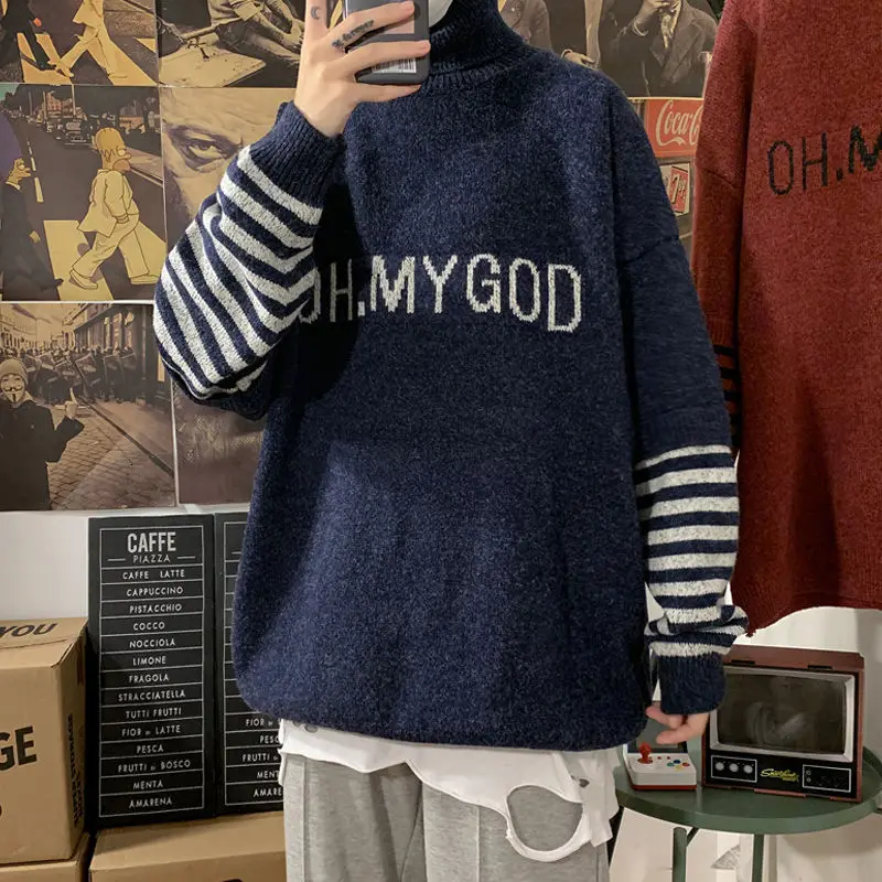 

Turtleneck Sweater Men's Striped Printing Letters Loose Lapel Knitted Pullover Plus Velvet/thicken Men's Slim Casual Tops
