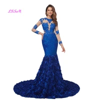 lace mermaid prom dresses with 3d flowers illusion scoop long sleeves evening formal dress sexy backless appliques party gowns