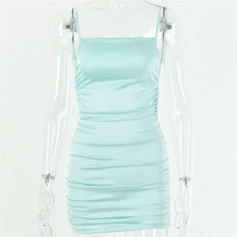 

Spaghetti Strap Mini Satin Dress Women Sexy Backless Cross Bandage Bodycon Party Dress Pleated Stretch Short Club Dress