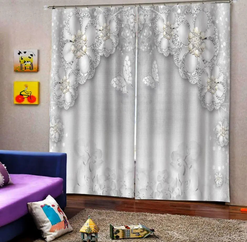 Алмазная занавеска с цветком серебристая Затемняющая занавес из горного