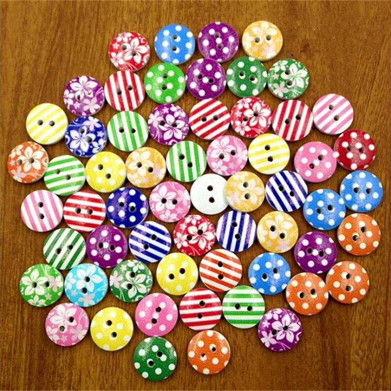 100 шт. деревянные пуговицы 15 мм с 2 отверстиями полосатые цветы смешанные конфеты