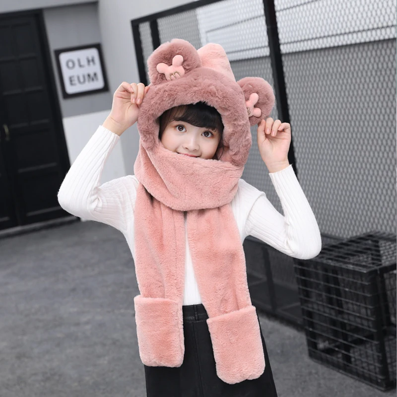 

Зимняя однотонная плюшевая шапка Детская меховая теплая ветрозащитная шапка шарф перчатки шапка три в одном милый мягкий плотный детский м...