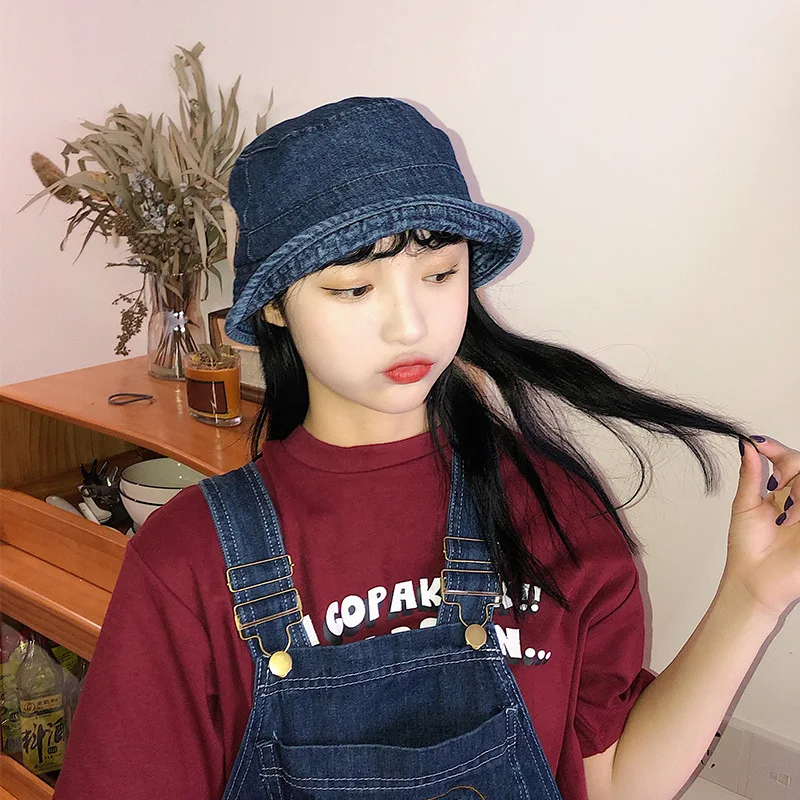 

Bucket hat female bell-shaped fisherman hat Japanese simple casual cowboy bucket hat student Korean basin hat