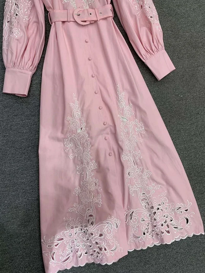 

White Pink 2020 Spring Style Women Luxurious Embroidery Tunic Buttons Sleeve Elegant Long Maxi Dress Vestidos