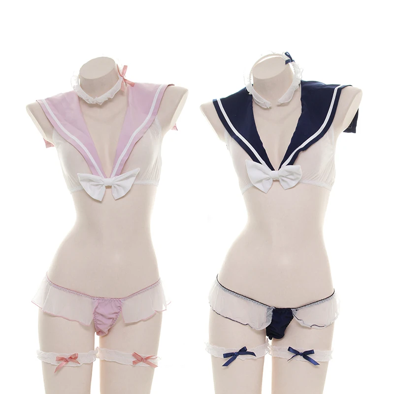 

Women's Anime Cosplay Ultrashort Transparent Sexy Mesh Sailor suit Japanese Students JK Uniform Bow Short Skirt Set Lingerie