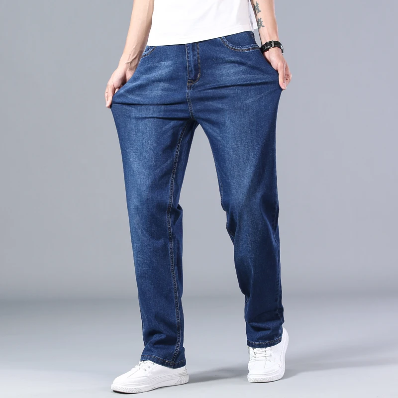 

Classic Men's Loose Straight Blue Thin Jeans Spring Summer Advanced Stretch Fashion Casual Pants Male Brand Trousers
