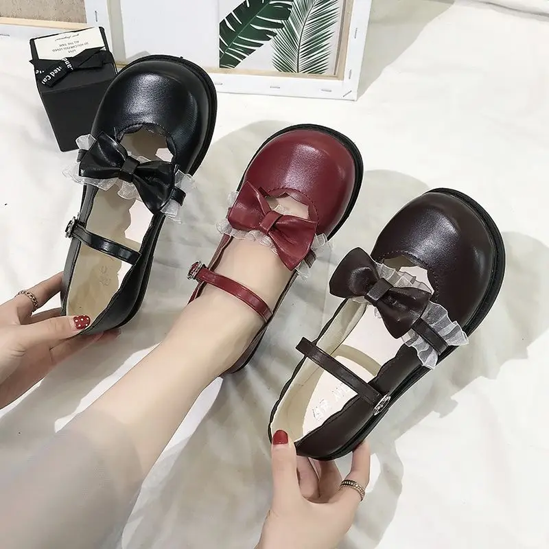 

Women's shoes 2021 new cute matching bow Lolita small leather shoes Mori female shallow mouth cute jk uniform shoes