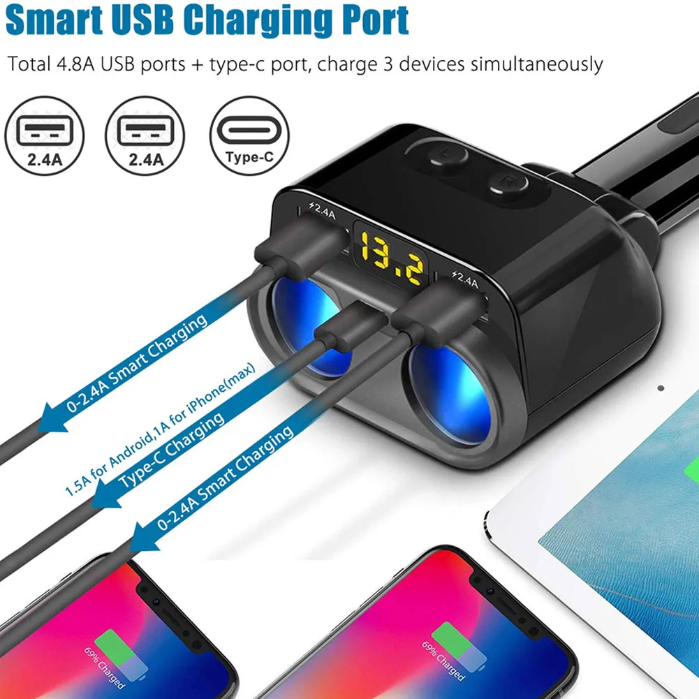 Двойной USB разъем автомобиля ЖК прикуриватель сплиттер Тип C зарядное устройство