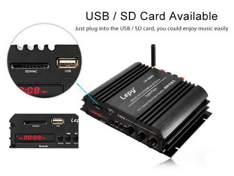 2x45 Вт мини-усилитель мощности для автомобиля стерео USB MP3 FM SD карта светодиодный экран с пультом дистанционного управления без адаптера питания