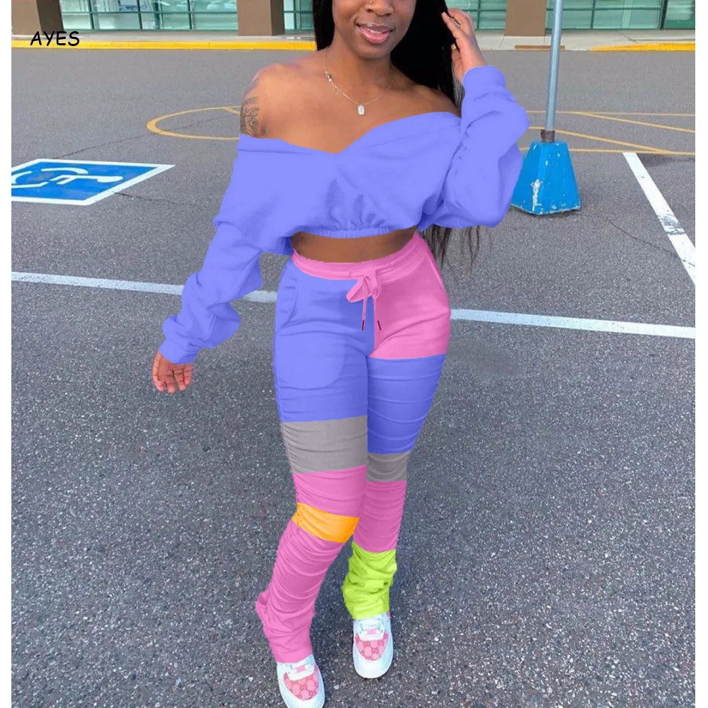 

Women Sexy Patchwork 2 Pieces Set Two Piece Set Fashion Tracksuit Womens Casual Pullover Tops Pant Suits Long Sleeve Sets Autumn