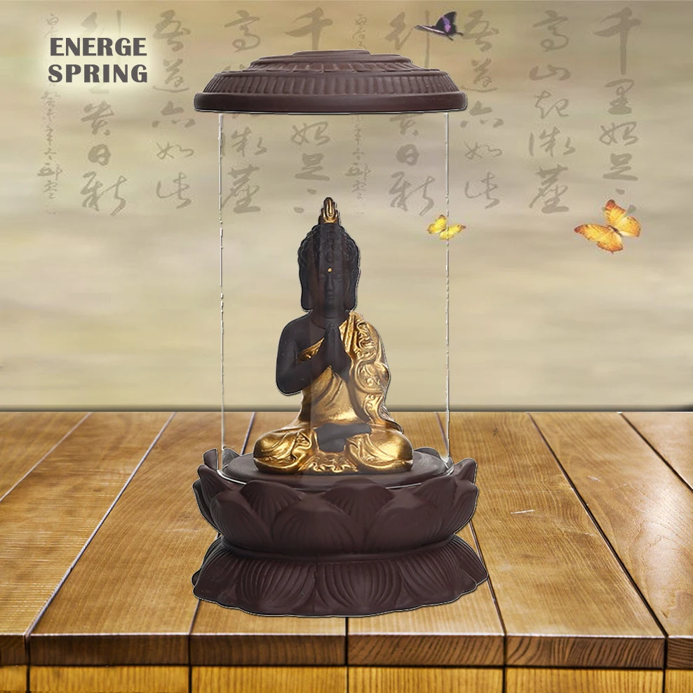 

Back Flow Incense Burner Transparent Cover Purple Clay Buddha Ornaments Buddha Statue Waterfall Incense Burner Home Furnishings