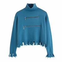 SpringAutumnWinter Personality Zipper Sweater High Collar Irregular Hem Short Tid Street Fashion Rough Edge Design Sweater Top