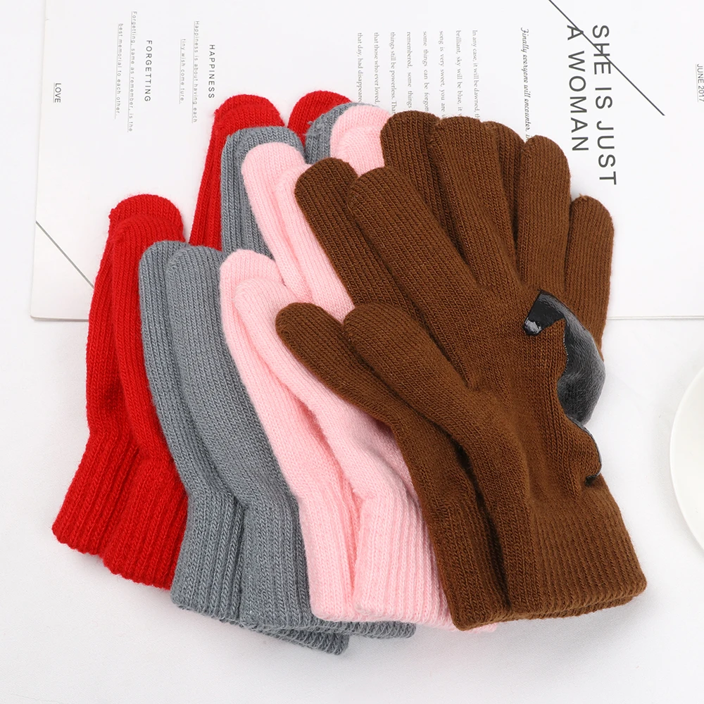 

1Pair Winter Warm Gloves Thick Cartoon Black Horse Print Knitted Full Finger Gloves Women Men Outdoor Gloves Mitten Windproof