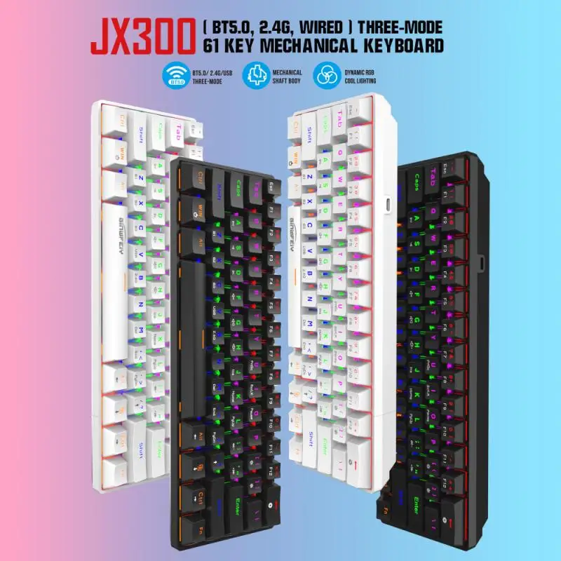 

2,4G Беспроводная Bluetooth-совместимая механическая клавиатура 61Key, игровая клавиатура с тремя режимами, синий переключатель для игр, ноутбука, н...