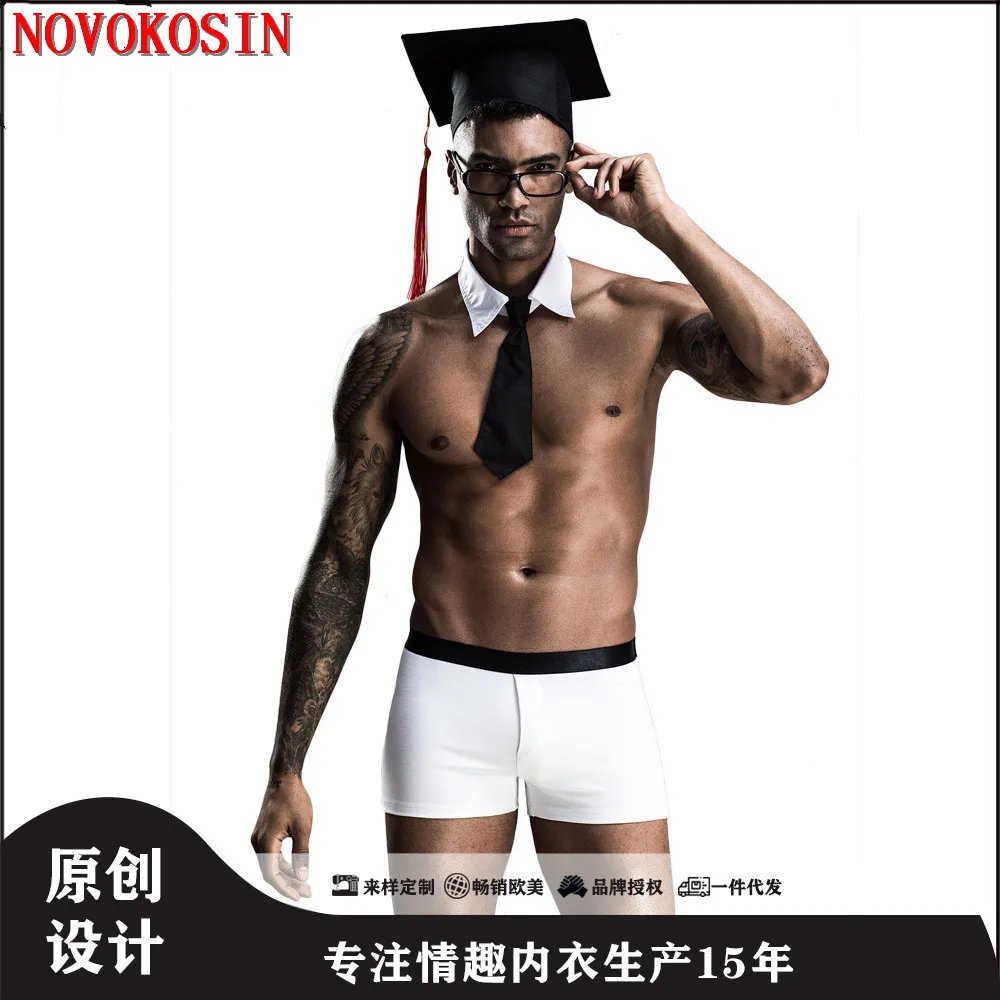 

2021 4 Pieces Graduation Season Students Sexy Cosplay Costumes Men Black White Tie Short Boxer Glasses With Doctorial Hat Set