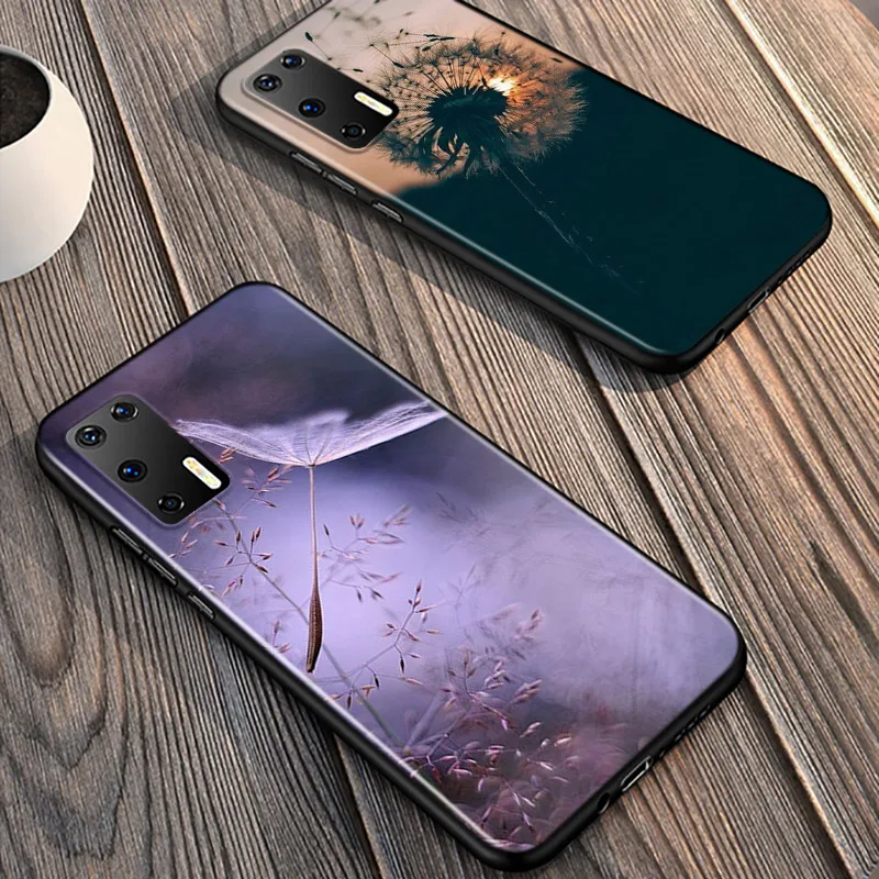 

Dandelion Flying Flower For Huawei P40 P30 P20 Pro P10 P9 P8 Lite E Plus 5G 2019 Phone Case Bright Black Silicone Cover