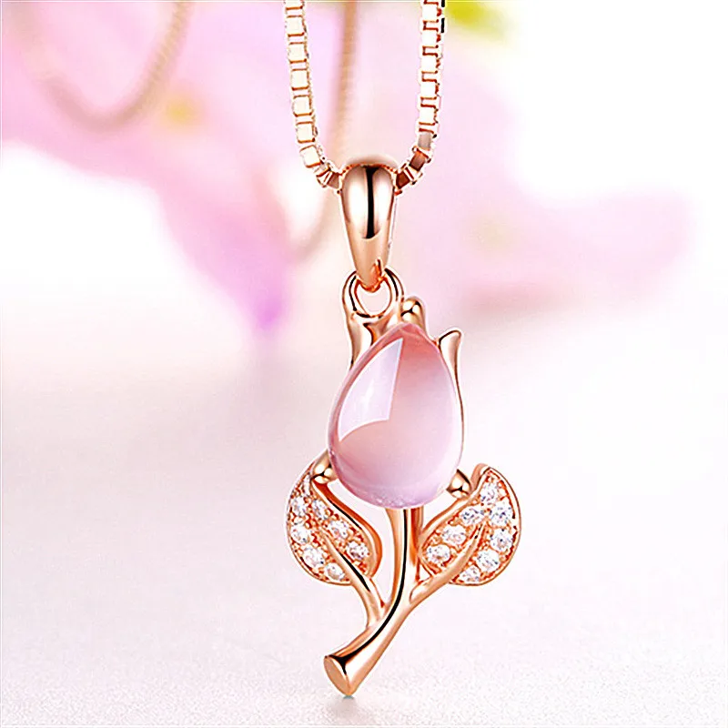 

Crystal Pink Flower Pendant Necklace For Women Jewelry CZ Princess Silver 925 Necklace Girl Clavicle Bijou Pendant Necklace