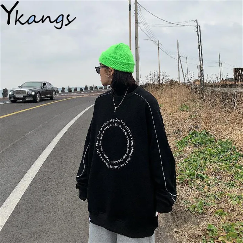 

European American Street Style Letters Printed Women Blouse Campus Style Round Neck Ladies Pullover Loose Long Sleeve Sports Top
