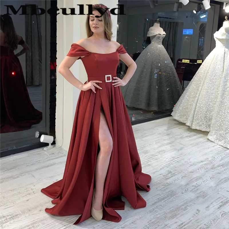 

Mbcullyd Stunning Burgundy Evening Dresses Long 2020 Luxury Crystal Satin Split Prom Party Dress For Women China robe de soiree