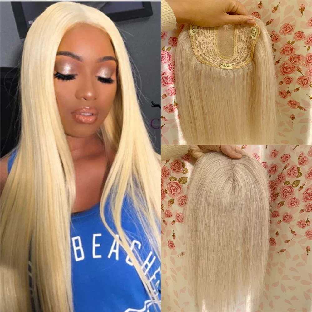 

Honey Blonde Straight Brazilian Hair Topper Hairpieces For Women Middle Part Machine Silk Top Human Hair Clip in Crown Toppers