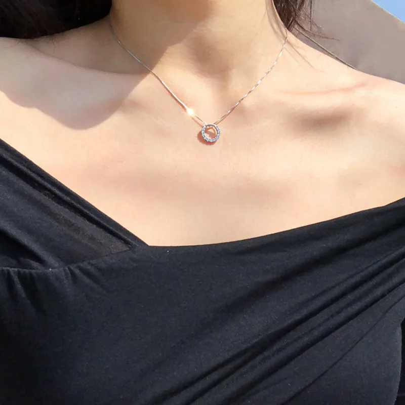 

New Style Round Silver Plated Shiny CZ Crystal Pendant Fashion Net Red Simple Women's Clavicle Chain Charm Women Lover Day Gift