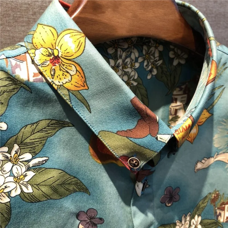 

Vintage Male Green Printed Shirt Gentlemen Slim Fit Casual Tops Hawaiian Long Sleeve Flower Shirts Fashion Mens Cotton Shirts