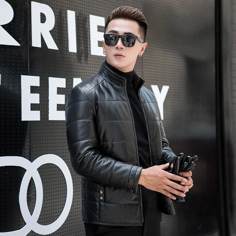 

100% Winter Mens Real Leather Down Jacket Stand Collar Slim Fit Warm Bikers Outerwear Coat Sheepskin Genuine Leather Jacket 4XL