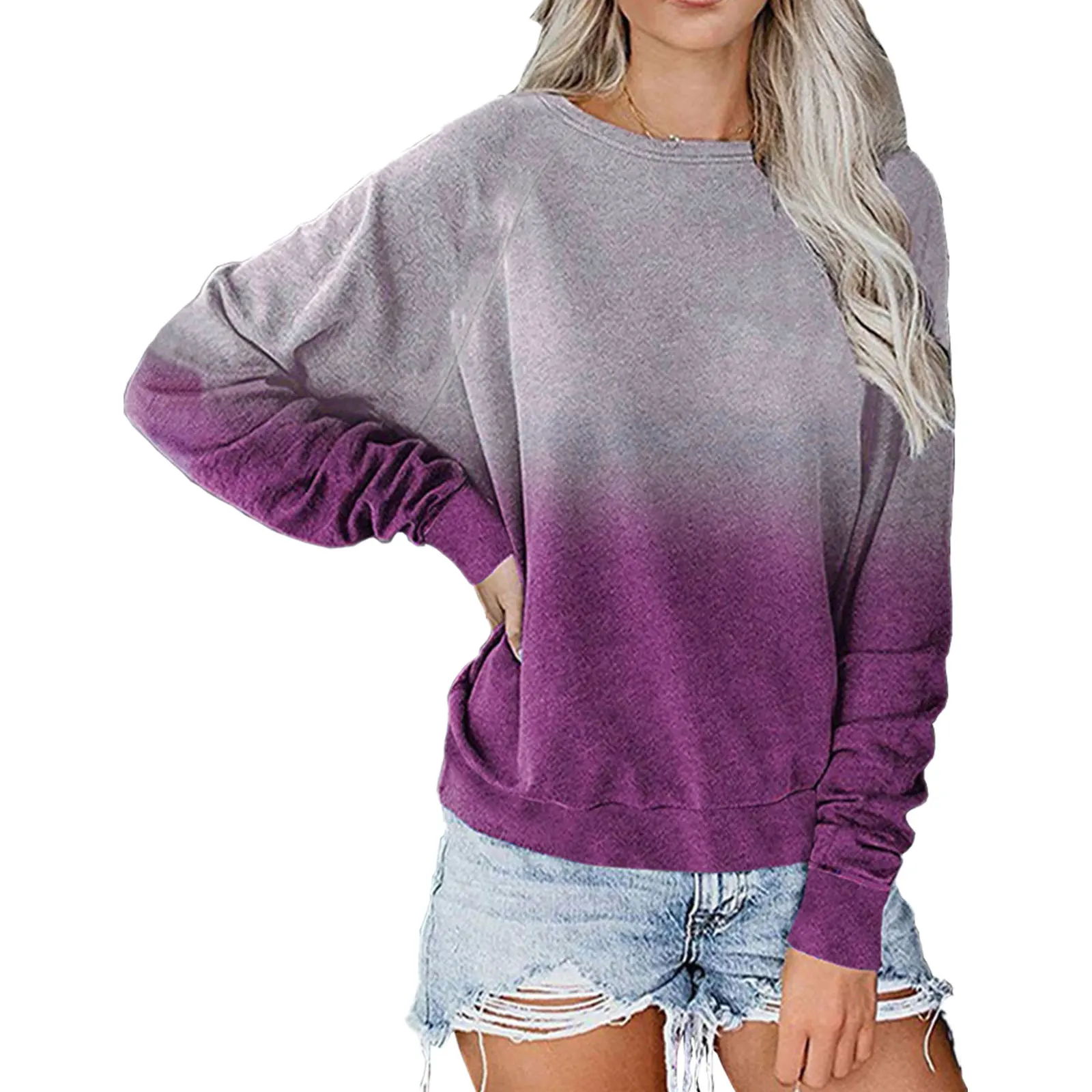 

Women Gradient Print Pullover Tops, Long Sleeve Crewneck Color Block Loose Fit Sweatshirts