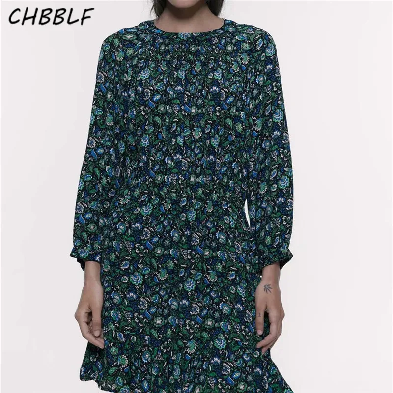 

CHBBLF women vintage print mini dress O neck long sleeve elastic waist female casual chic dresses vestidos mujer XDN9407