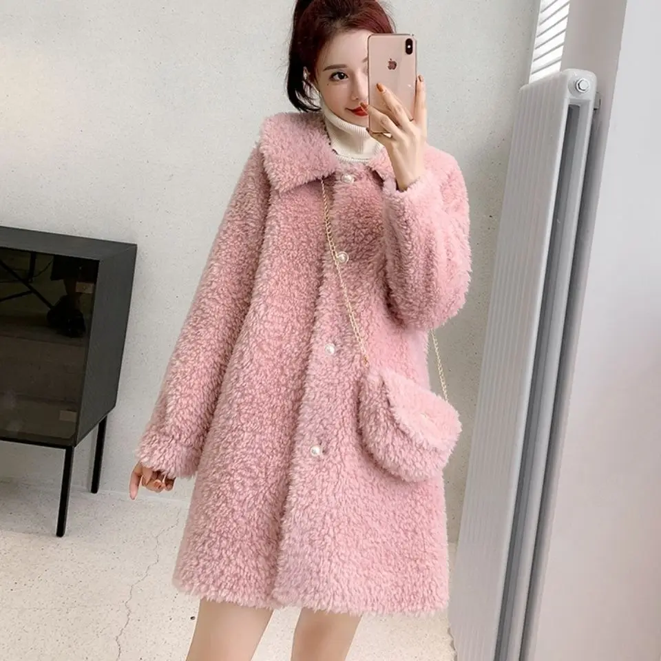 

2021 New Fashion Winter Women Real Fur Coat Female Genuine Sheep Shearing Turn-down Collar Outerwear Lady Thick Warm Jacket K439