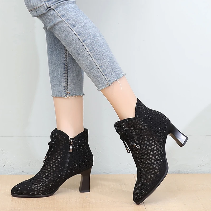

GKTINOO Summer New Microfiber Rhinestone Bow Hollow Ankle Boots Fashion Elegant Women High Heel Sandals